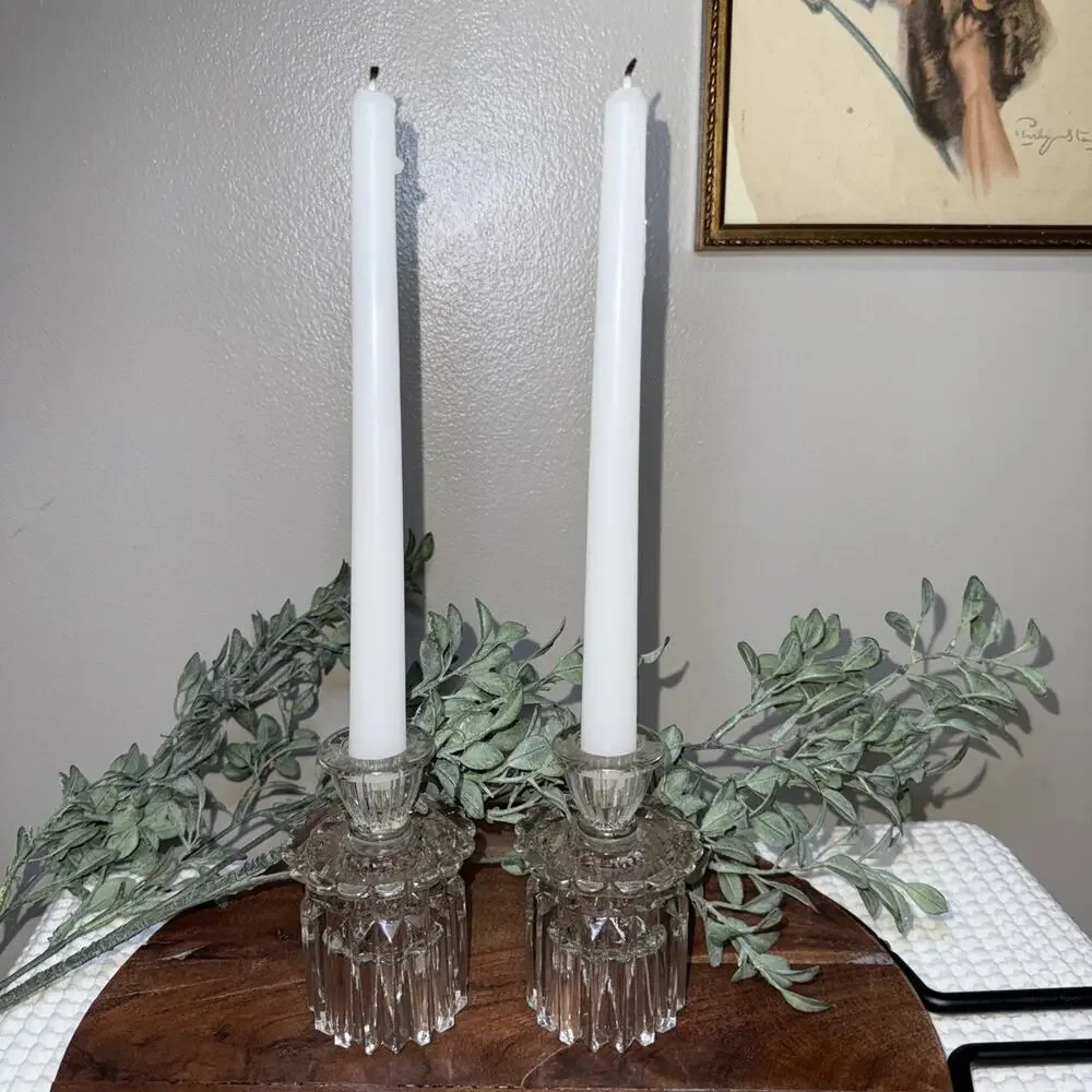 Vtg Cut Glass Reversible Candle Holders Pair Art Deco Style Crystal Look 4.5”